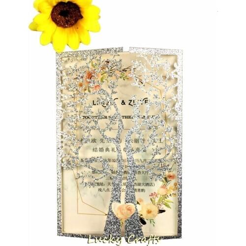 1pcs sample hollow Laser Cut Tree silver glitter wedding invitation cards with Embossed Wholesale greeting pocket invite cover