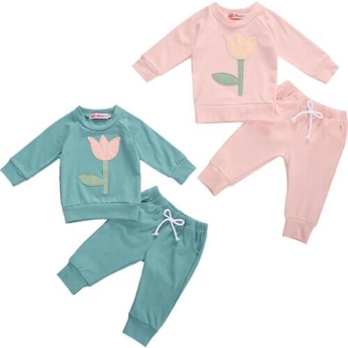 Spring Autumn Infant Newborn Baby Girl Boy Flower Print Long Sleeve Sweatshirt Top Pants Tracksuit Casual Baby Clothes Set