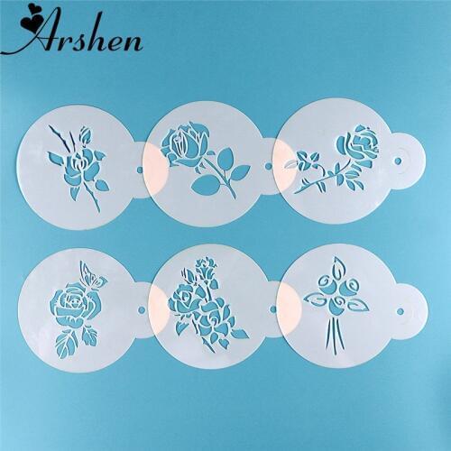 Arshen 6pcs/Set Wedding Cake Stencils Rose Flowers Coffee Templates DIY Cake Fondant Sugarcraft Baking Decorating Tools Bakeware