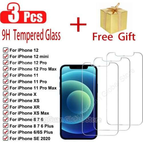 3Pcs 9H Cover Glass on the For iPhone X XS Max XR 12 Tempered Glass For iPhone 7 8 6 6s Plus 11 Pro Max SE 2020 Screen Protector