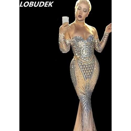 Sexy Silver Rhinestones Long Dress Women Nightclub Costume Crystals One Piece Dress Prom Party Singer Host Costume Stage Outfits