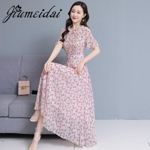 JiuMeiDai 2021 Women Summer Elegant A-Line Dress Office Lady Chiffon Print Robe Femme Vintage Designer Casual Party Clothing