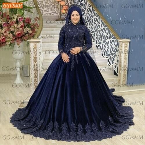 Dubai Dark Royal Blue Evening Gowns Long Sleeves 2020 Robe De Soiree High Neck Lace Beaded Ball Gown Women Dresses Party Arabic