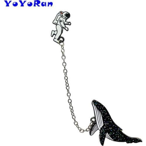 1 Piece Astronaut space whale drop oil tassel chain charm brooches pin for woman cotton animal fish collar button badge jewelry
