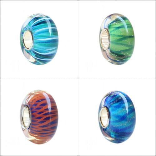 925 Sterling Silver Large Hole Colorful 3D Flowers Tilted Stripe Murano Glass Charm Beads Fit European Bracelet Jewelry