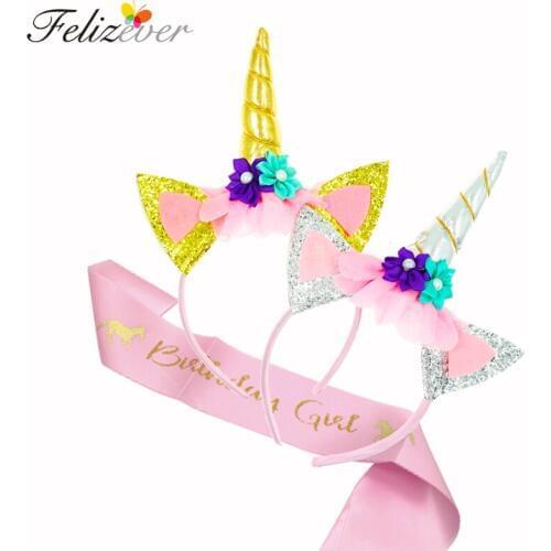 Unicorn Birthday Party Girl Sash Birthday Accessories Crown Unicorn headband Party Supplies and Decorations