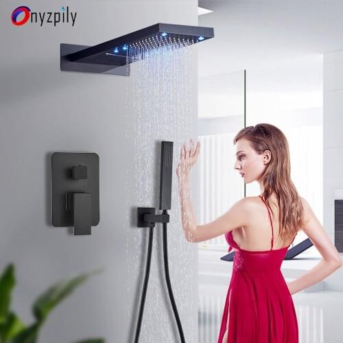 Onyzpily Black Bathroom Long Square LED Shower Faucet Brass ShowerHand Water Mixer Wall Mounted 3-Ways Hot Cold Mixer Tap