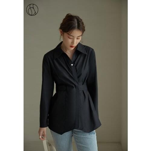 DUSHU Early Autumn New Temperament Tops Womens Black Lace-up Slimming Shirt Blouse Women Button Up Shirt Harajuku Woman Tops