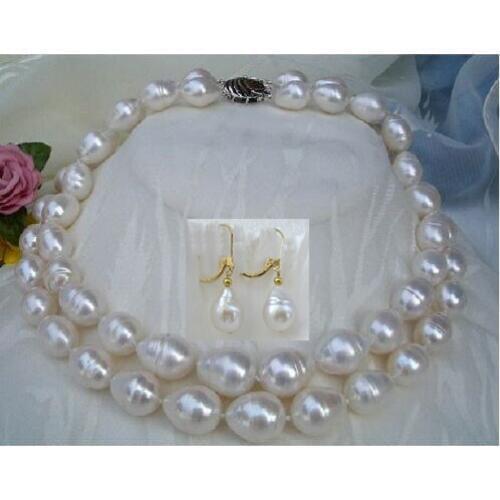 Double strands 9-10mm freshwater natural white baroque pearl necklace earring