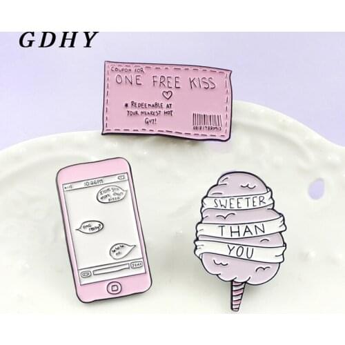 GDHY Cartoon Pink Ticket ONE FREE KISS Pink Cotton Candy SWEETER THAN YOU Enamel Brooch pins Love Jewelry Gift brosch Bijoux