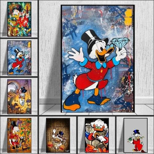 Disney Street Graffiti Art Donald Duck and Money Canvas Painting Poster and Print Wall Art Picture Cuadros for Living Room Decor