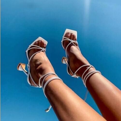 Summer Woman Shoes Sandals Basic Pu Fashion Cross-tied Spike Heels Lace-Up Party Pumps size 35- 41 Black White Apricot