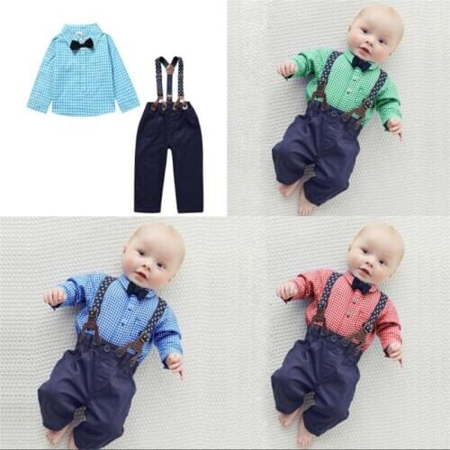 Fashion Boys Clothing Sets Kids Suit Long Sleeve Cotton Bowtie Plaid Shirt Tops+Overalls Clothes Outfits