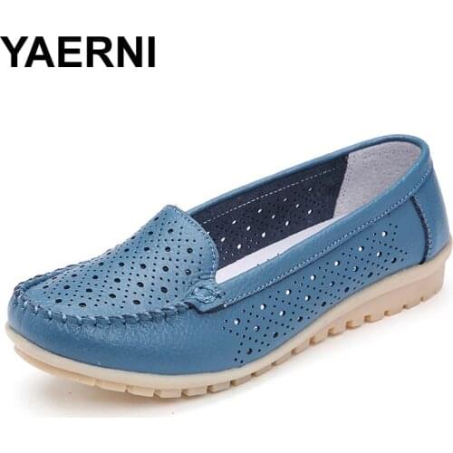 YAERNI Summer New Fashion Leather Women Flats Moccasins Comfortable Woman Shoes Cut-outs Leisure Flat Woman Casual Shoes 169