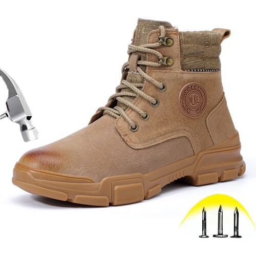 Mens Steel toe Work Boots Casual British Boots High-top Puncture Proof Safety Protective Shoes Man Non-slip Hiking Shoes Outdoor