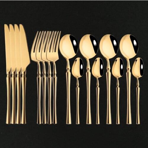 16Pcs Dinnerware Set 304 Stainless Steel Gold Cutlery Set Knife Fork Round Spoon Set Flatware Tableware Silverware Drop Shipping