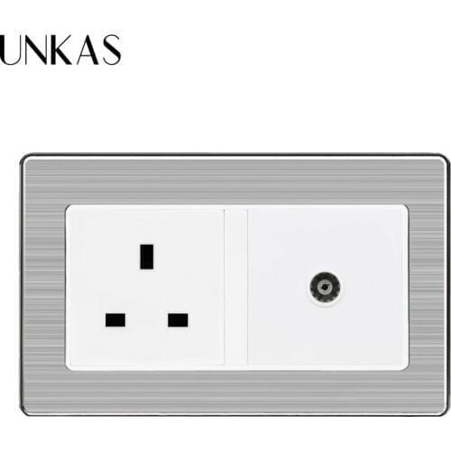 UNKAS Stainless Steel Brushed Panel UK Standard Wall Socket+Female TV Jack Double Outlet 146 mm * 86 mm Wall Socket