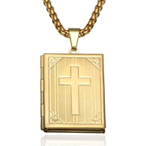 REN011 Titanium Steel Book Necklace Openable Photo Box Pendant Necklace Stainless Steel Cross Frame Necklace religious jewelry