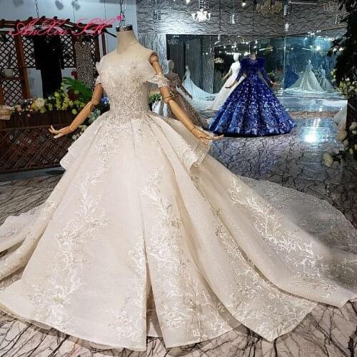 AnXin SH Luxury princess white flower lace boat neck lace up vintage ruffles beading crystal wedding dress 100% real photo