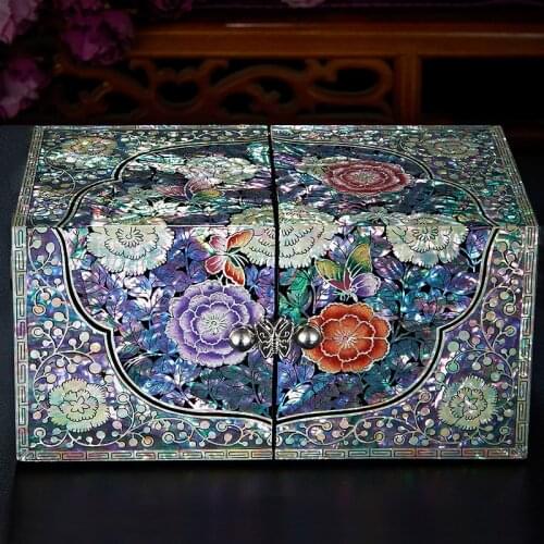 Hand Made Abalone Shell-linlaid Mosaic Jewelry Box Storage Lacquerware Lacquer Arts with Lock 17 x 8.3 x 8.3cm Wedding Gift