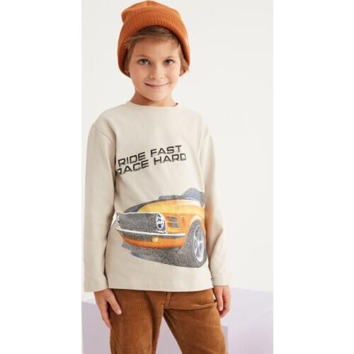SB Boy Cotton Beige Car Printed Long Sleeve Fashion Casual Casual Autumn Spring T-shirt Boys Clothing