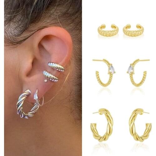 ISUEVA Classic 18K Gold Filled Twist Zircon Teardrop Stud Hoop Earrings For Women Cartilage Ear Korean Jewelry Wholesale