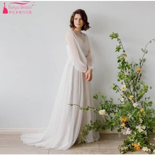 Long Sleeve Printed Chiffon Wedding Dresses Puffl Sleeve A Line Boho Bridal Gowns Chic ZW472