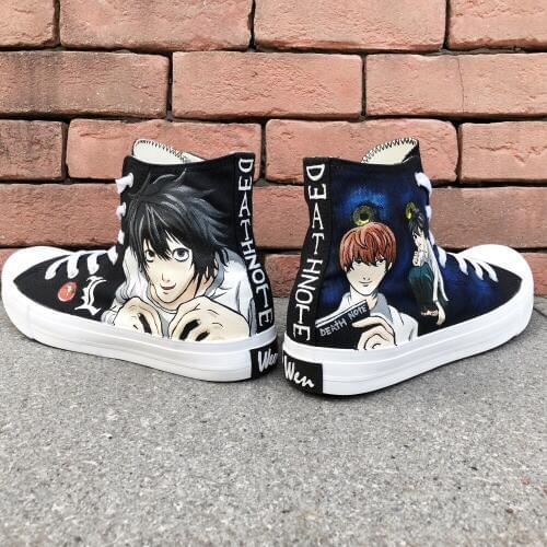 Wen Anime Design Hand Painted Shoes Death Note Custom High Top Black Canvas Sneakers Women Mens Athletic Shoes Skateboard