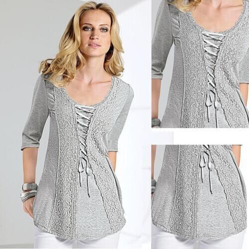 2020 Spring and Autumn Boutique Fashion Trend Womens Lace Print Round Neck Seven-point Sleeves Slim Temperament Cotton T-shirt