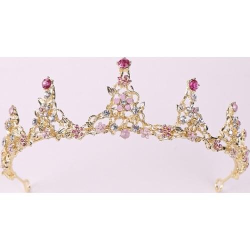 Vintage Wedding Hair Accessories Baroque Pink Rhinestone Crystal Crown Bridal Tiara Gold Crown Jewelry Bridal Hair Accessories