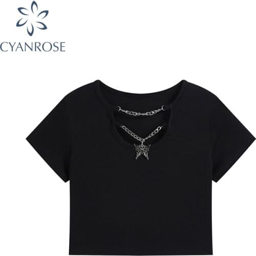 Harajuku Ins Hollow Out Black Short Sleeve Slim T Shirt For Women 2021 Summer Gothic V Neck Drawstring Causal Tops Female