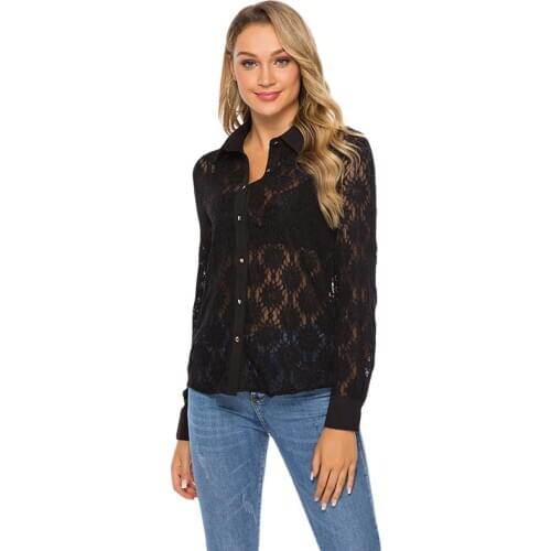 Ladies Shirt Summer Fashion Black Long Sleeve Sexy Lace Perspective Shirt Casual Loose Blusas Mujer De Moda 2021