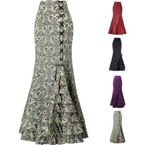 Women Fashion Punk Style Retro Jacquard Mermaid Skirt Halloween Gothic Victorian Steampunk Long Bodycon Ruffle Fishtail Tiered