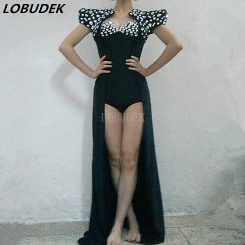 Black White Rhinestones Long Cloak+Bodysuit Nightclub Bar DJ Female Singer Stage Outfit Sexy Leading Dancer Performance Clothes