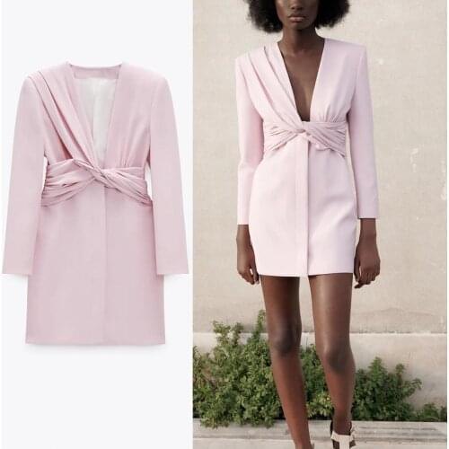 Mini Dress Za Knot Ruched Women 2021 Long Sleeve Pink Black White Office Lady Vintage Dresses Front Button Elegant Summer Dress