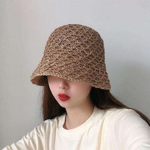 2021 Koreaanse Stijl Stro Visser Hoed Lente En Zomer Vrouwen Bell-Vormige Emmer Hoed Double-Layer Holle Geweven Stro Hoed