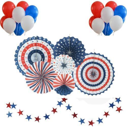 37pcs Patriotic Decorations American Independence Day Blue Red and White Paper Fans Balloons Star Garlands Party Decor Supplies