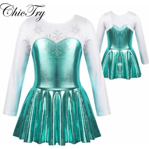 Kids Girls Ballerina Dancewear Costume Shiny Rhinestone Snowflake Metallic Bodice Ballet Dance Gymnastics Leotard Tutu Dress