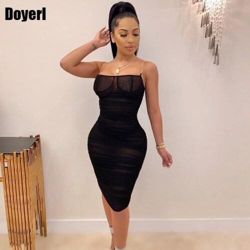 Black Sexy Midi Bodycon Dress Women Strapless Sheer Mesh Ruched Backless Elegant Dress Autumn Sheath Party Club Dress Vestidos