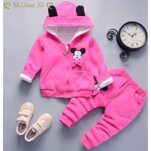 Baby Girls Autumn Winter Clothing Sets Kids Mickey Thicken Cotton Long Sleeve Warm Outerwear+Pants Suit Toddler Tracksuit Outfit