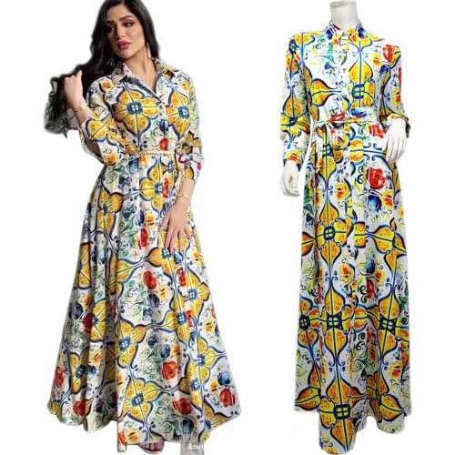 Dubai Muslim Women Floral Printed Long Dress Arabic Abaya Islamic Clothing Ramadan Maxi Robe Gown Elegant Ethnic Middle East New