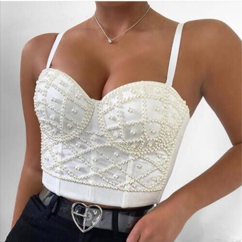 Elegant Pearls Crop Top Women Luxurious Beadings Camis Tank Top Retro Wedding Short Cloth Ropa De Mujer