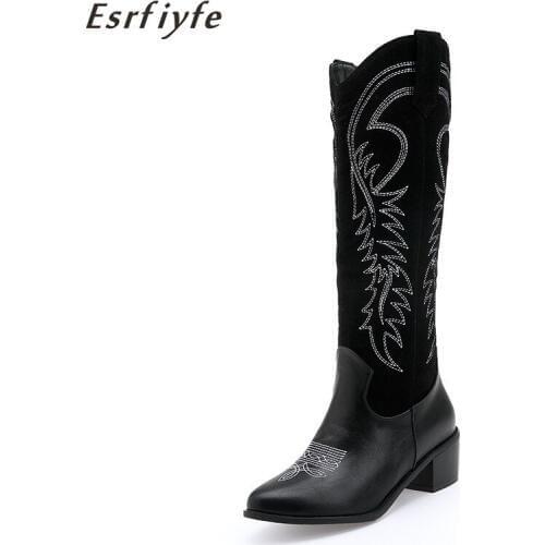 ESRFIYFE 2020 New Embroidered Boots Women Western Cowboy Vintage Casual PU Leather High Heel Long Boots Ladies Shoes Botas Mujer