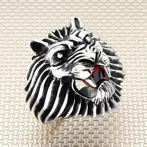 Sterling Silver 3D Lion Head Style Ring Red Zircon Gemstone Ring Made in Turkey