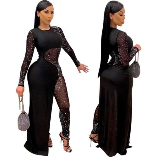 Sexy Patchwork See-through Club Dress Long Sleeve Bodycon Jumpsuit With Hot Rhinestones Club Partywear One Piece Overall Rompers