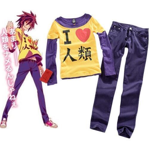 Hot No Game No Life Sora Cosplay Costume Yellow Short Sleeve Casual T-shirt Men Women Cotton Tops Tees Slim Jeans Pants