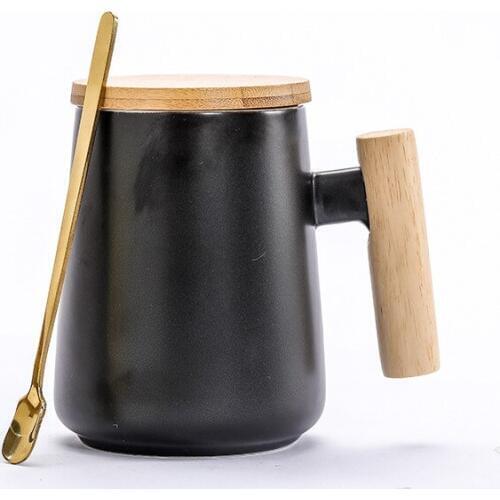 Large capacity wooden handle mug with spoon lid,Milk Juice Lemon Mug Coffee Tea Cup Home Office Drinkware Valentines Day Gift