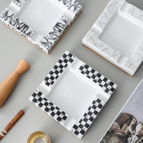 Square ceramic ashtray creative black and white grid cigar cigarette ashtray living room furnishings home desktop decoration