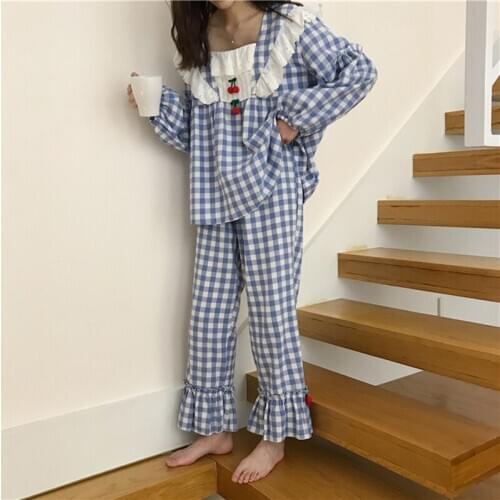 Sweet Square Collar Princess Sleepwear Plaid Cotton Two Piece Set Women Loose Home Suits Casual Kawaii Nightgown Homewear A077