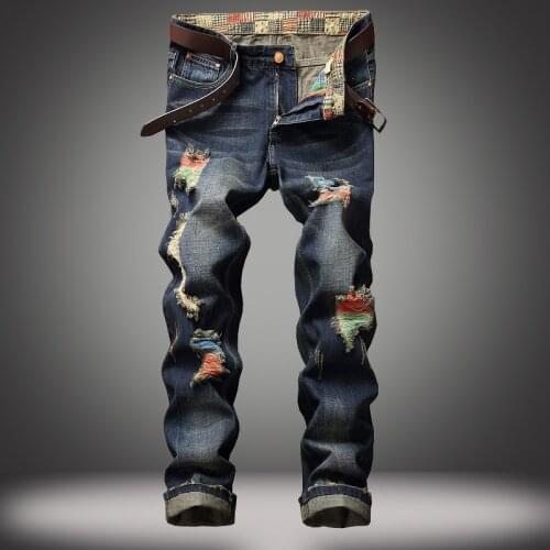 European and American Street Personality Brushed Jeans Mens Ripped Straight Jeans